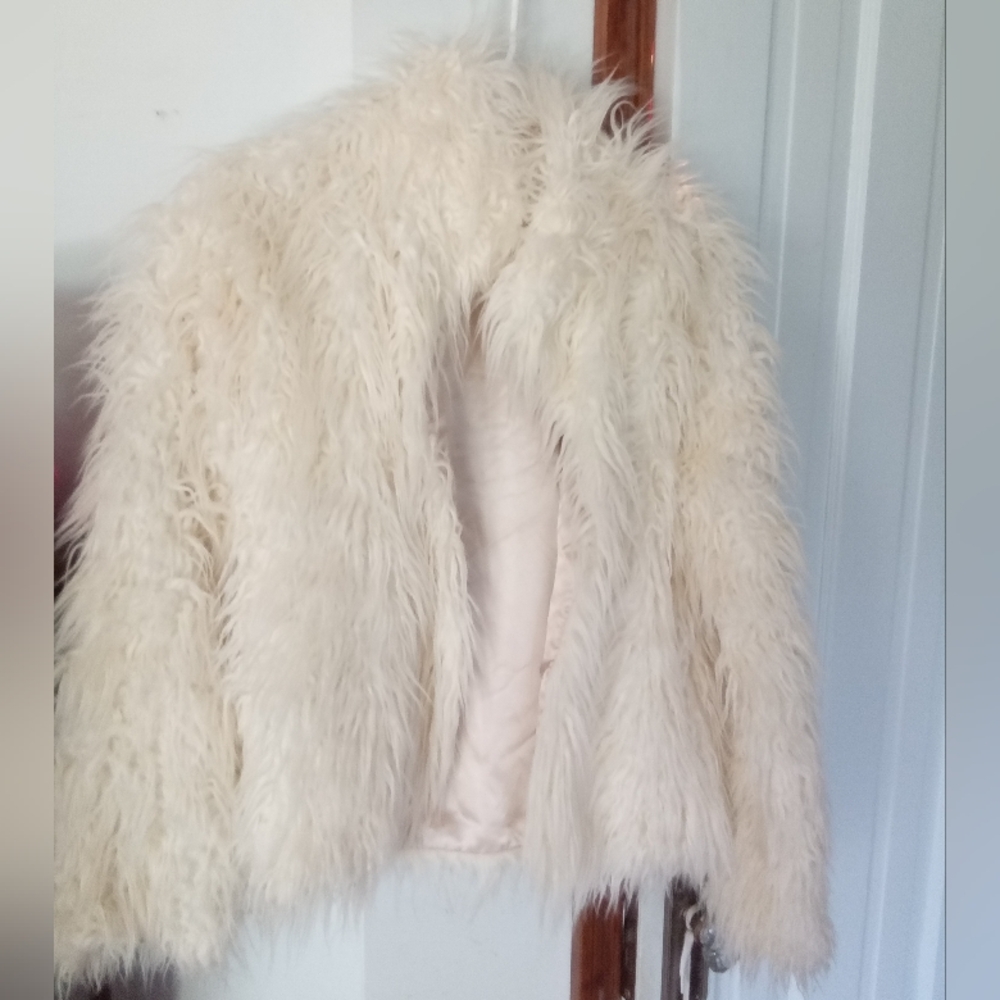 Faux fur white shag jacket with cream satin lining